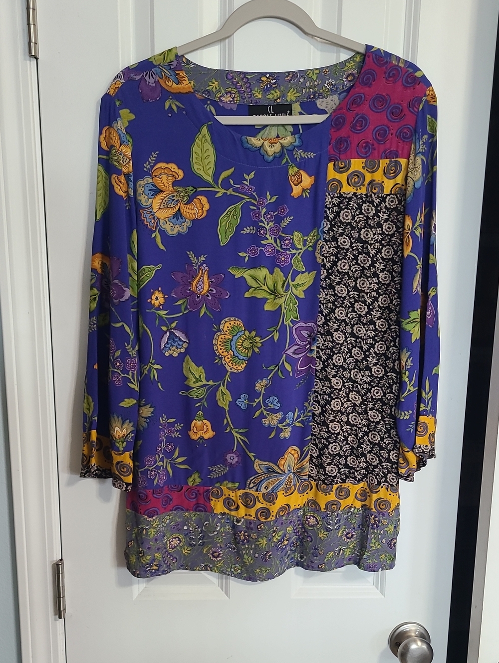Carole Little Purple Floral Vintage Patchwork Tunic with Yellow Accents
